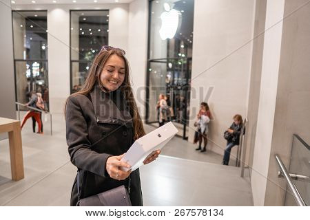 Barcelona, Spain - November 07, 2018: Woman Holding A New Ipad Pro