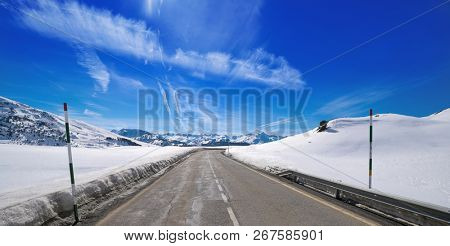 Baqueira Beret road in Lerida Catalonia ski  resort in Aran Valley of Pyrenees Spain