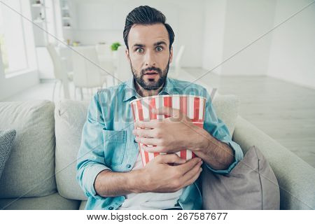Good-looking Good-wearing Brunet Hair Bearded Un-shaven Man Hug Basket With Snack Sit Inside Bright 