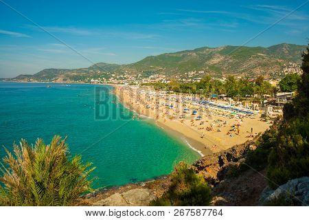 Beautiful Beach Cleopatra Beach, Popular Among Tourists For Recreation. Alanya, Antalya District, Tu