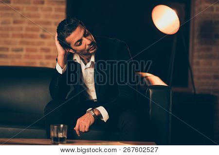 Peaceful Groomed Handsome Brutal Masculine Bristle Oligarch Person Man In Formal Wear Elegant Tuxedo