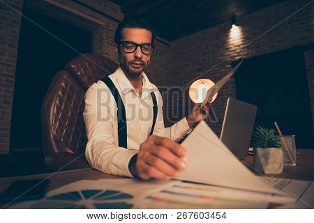Low Angle Top View Billionaire Lawyer Broker Attorney Trendy Un-shaven Man In Eyeglasses Spectacles 