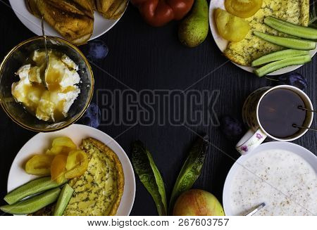 Ingredients Of Healthy Dietary Food Breakfas Vegetarian Friendly. Top View