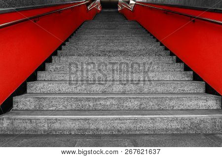 View To A Big Red Colored Empty Staicase.
Close-up Of A Red Modern Steps.