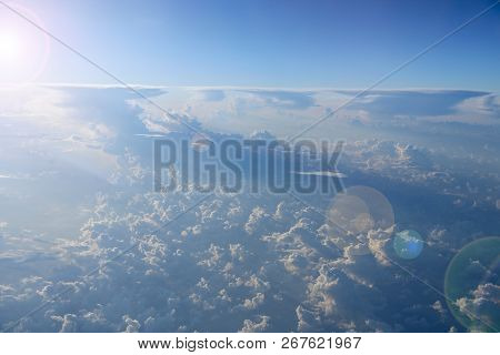 Blue Sky With White Clouds. Flight Over Clouds. Celestial Abyss