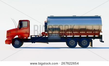 Large Red Truck Tanker With A Polished Metal Trailer. Views From All Sides. 3d Illustration.