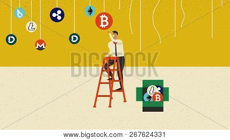 Businessman Climbing Ladder To Pick Up Bitcoin And Keep Them In Box