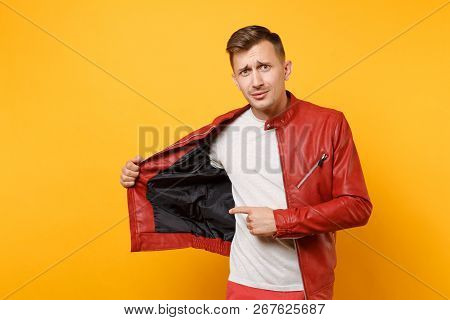 Portrait Vogue Shocked Handsome Young Man 25-30 Years In Red Lea
