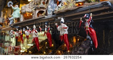 Statues Of Pulcinella Lucky Charm And Red Horns At The Souvenir Shop In Naples