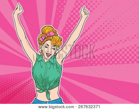 Woman Hand Up Be Happy With Dot Background Pop Art Comics Style.