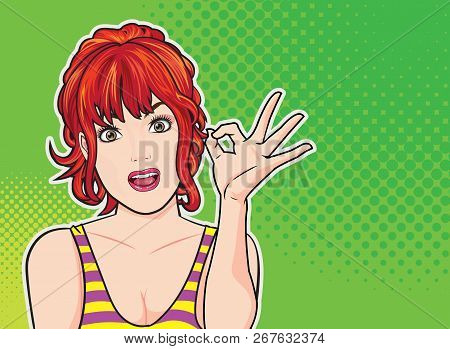 Woman Okay Gesture Action With Dot Background Pop Art Comics Style.