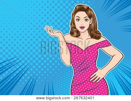 Smiling Woman Presentation Gesture Some Product With Dot Background Pop Art Comics Style.