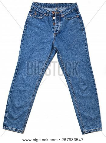 Female Jeans Mom Fit Isolated On White Background. Jeans With High Waist.