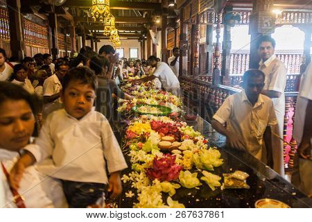 Kandy, Sri Lanka - July 19, 2016: White Clothed Buddhist Devotees In The Temple Of Sacred Tooth Reli