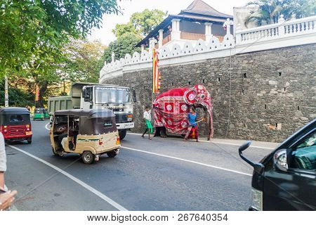 Kandy, Sri Lanka - July 19, 2016: Decorated Elephant On A Street Of Kandy During Poya Full Moon Holi