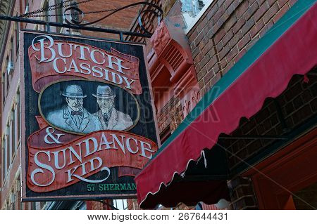Deadwood, South Dakota, September 26, 2018 : Saloon Sign In Deadwood. The Entire City Is A National 