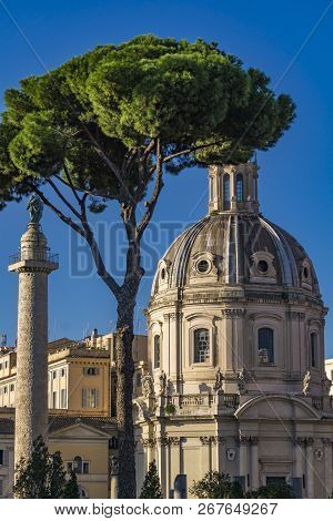 Aerial View At Traian Column And Church Santissimo Nome Di Maria Al Foro Traiano In Rome, Italy