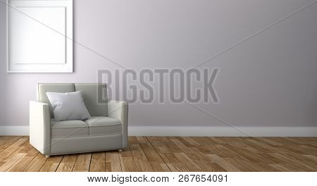 Living Room Interior With Sofa And Frame, Wooden Floor On Empty White Wall Background. 3d Rendering