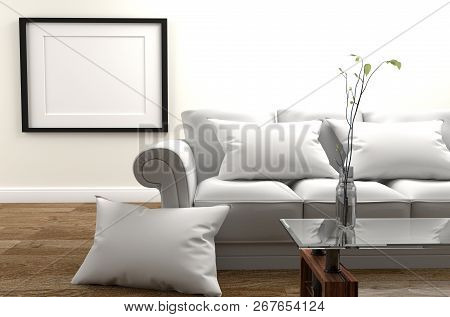 Minimal Design - Modern Living Room With Sofa And Pillow, Vase On Glass Table, Wooden Floor And Fame