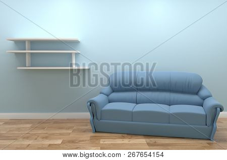 Living Room Interior Design With Sofa, Wooden Floor On Empty Blue Wall Background. 3d Rendering