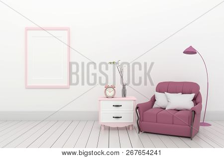 Modern Room Have Pink Sofa In Open Space With Cabinet ,3d Rendering