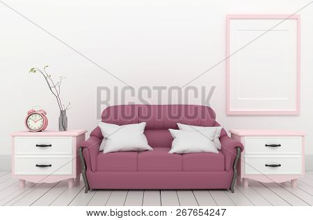 Living Room Interior - Pink Elegant Style With Fame Sofa Clock And Plant, White Wood Floor On Empty 