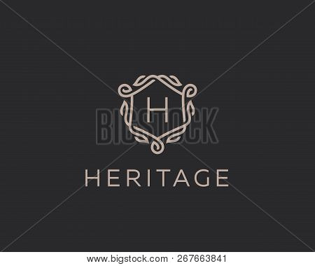 Premium Linear Shield Monogram Letter H Logotype. Elegant Crest Leaf Stamp Icon Vector Logo. Luxury 