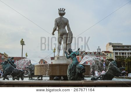 Nice, France - June 26, 2017: Central Square In Nice, France On June 26, 2017. The Triton Fountain I