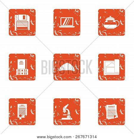 Red Tape Icons Set. Grunge Set Of 9 Red Tape Icons For Web Isolated On White Background