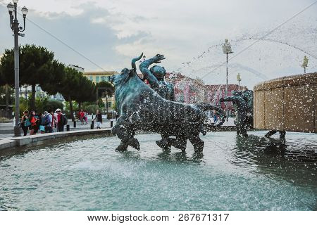 Nice, France - June 26, 2017: Central Square In Nice, France On June 26, 2017. The Triton Fountain I