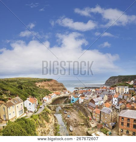 The Tiny Fishing Village Of Staithes And The Roxby Beck On The North Yorkshire Coast, England
