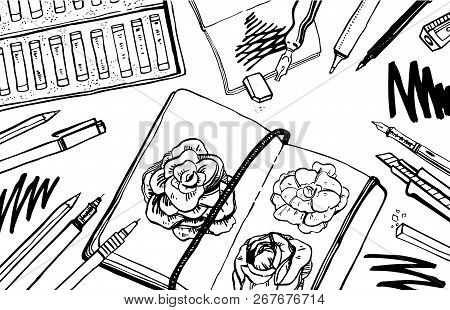 Sketch Vector Artist Materials - Top View. Black And White Stylized Illustration With Drawing Tools.