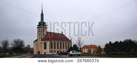 Most, Czech Republic - November 04, 2018: Kostel Nanebevzeti Panny Marie Church In Autumnal Foggy Mo