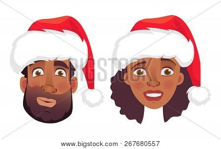 Face Of African Man And Woman In Christmas Hat. Emotions Of African American Woman Face. Facial Expr