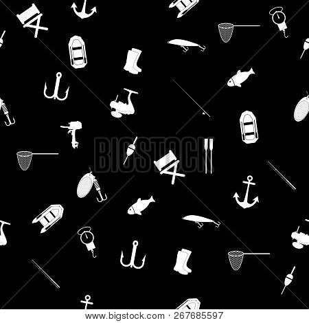 Hand Drawn Fishing Elements. Graphic Vector Seamless Pattern