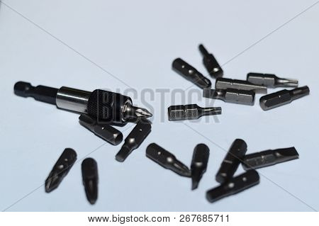 Many Tool Bits With Bitholder On White Background.