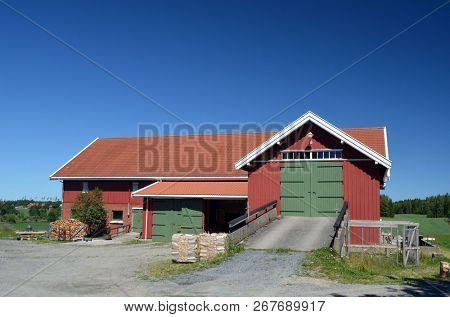 A typical Norwegian farm.Traditional buildings. 18 June,2018. Degerness,Norway