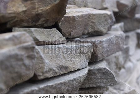 Abstract Gray Horizontal Stone Texture. Gray Background With Cobblestones