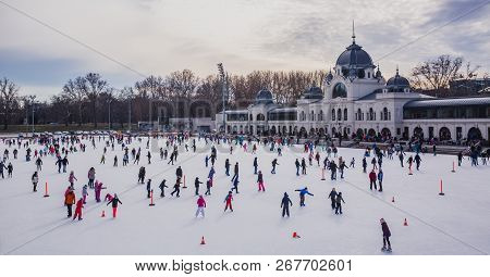 Budapest, Hungary - December 31, 2018: City Park Ice Rink On January 03, 2018 In Budapest, Hungary. 