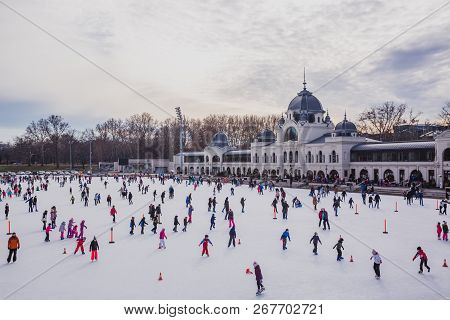 Budapest, Hungary - December 31, 2018: City Park Ice Rink On January 03, 2018 In Budapest, Hungary. 