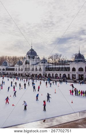 Budapest, Hungary - December 31, 2018: City Park Ice Rink On January 03, 2018 In Budapest, Hungary. 
