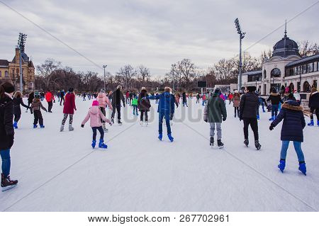 Budapest, Hungary - December 31, 2018: City Park Ice Rink On January 03, 2018 In Budapest, Hungary. 