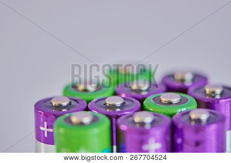 Macro Photo Of Batteries With The Positive Poles Close Up, Copy Space