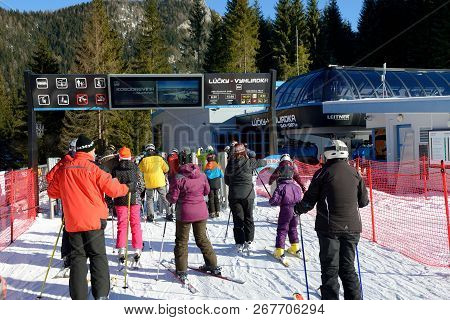 Jasna, Slovakia - January 22:  The Skiers And Lucky-vyhliadka Cableway Station In Jasna Low Tatras. 