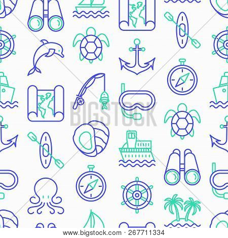 Sea And Ocean Journey Seamless Pattern With Thin Line Icons: Sailboat, Fishing, Ship, Oysters, Ancho