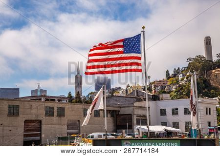 San Francisco, California, United States - August 14, 2016: American Flag In San Francisco Pier 33 I