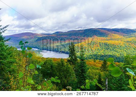 View Of La Pimbina Valley With Fall Foliage Colors In Mont Tremblant National Park, Quebec, Canada