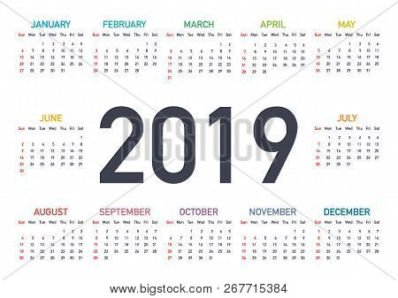 Calendar 2019, Week Starts From Sunday, Business Template. Editable Vector File Available. English A