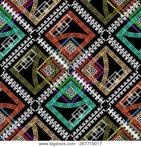 Geometric Colorful Rhombus Greek Vector Seamless Pattern. Abstra