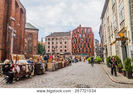 Riga, Latvia - August 19, 2016: View Of Skarnu Iela Street In The Center Of Riga, Latvia